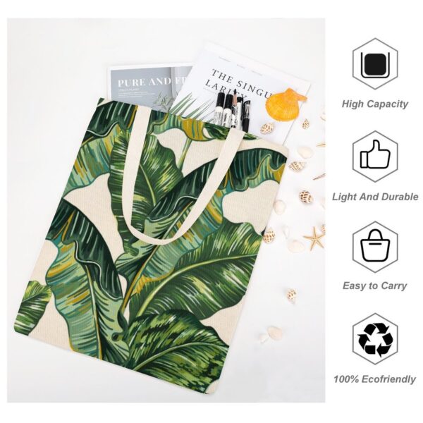 Custom Canvas Bags Shopper Shoulder Bag Women Handbags Green Large Leaf Print Shopping Casual Grocery Tote Customizable Pattern 5